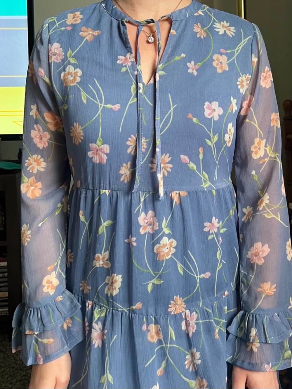 Patrons of Peace Blue Floral Tie-Neck Tiered Long-Sleeve Dress